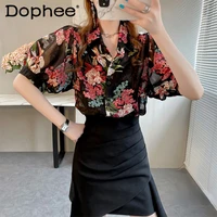 2022 summer new short sleeve lapel floral embroidered shirt womens chiffon thin blouse casual all match street top