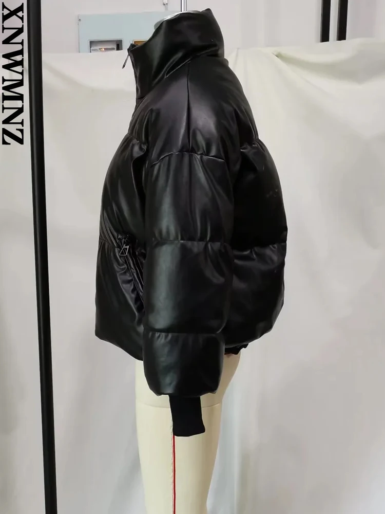 XNWMNZ 2022 Women Fashion Faux Leather PU Cotton Jacket Woman Winter Coat Parka Thickened Warm Coat Female Chic Coat