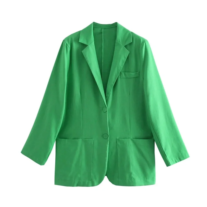 New Summer Women's Green Loose Thin Linen Suit Single-breasted Pocket Long-sleeved Suit Jacket Sexy Street Casual British Style