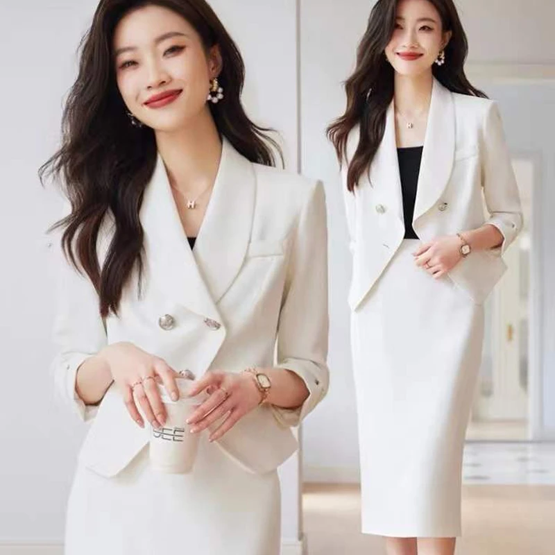 Korean version white top coat, suit coat, women's Spring and Autumn 2023 new host official suit with two piece long skirt set