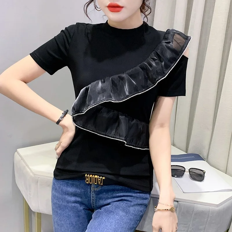 

#5278 Sexy Skinny T Shirt Ladies Off The Shoulder Tops Women Summer Slim Short Sleeve T Shirt Femme Spliced Ruffles Black White
