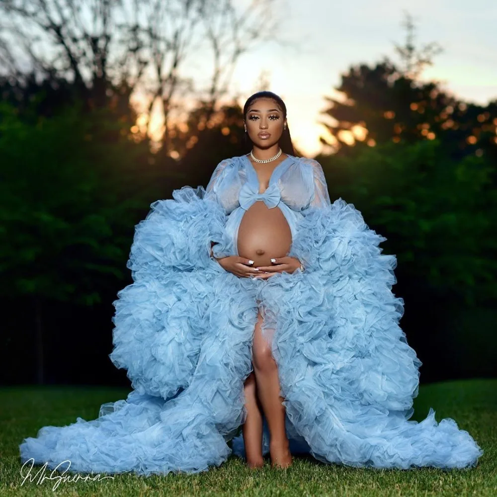

Blue Puffy Long Sleeves Pregnant Women Photo Shoot Robes Tulle Ruffles Maternity Robe Women Dress Baby Shower Gowns Photography