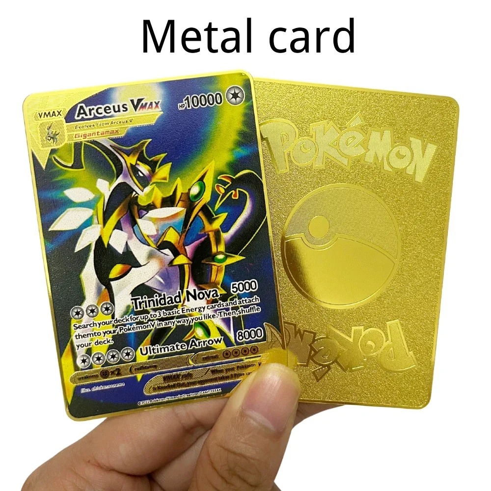 Pokemon English Metal Card Anime Pikachu Charizard Mewtwo Arceus Frog Flower Vmax GX Letters Game Collection Kids Toy Gifts