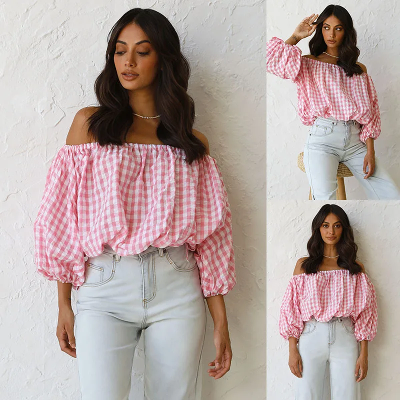 

2022 Women's Summer Check Print One Shoulder Puff Sleeve Top