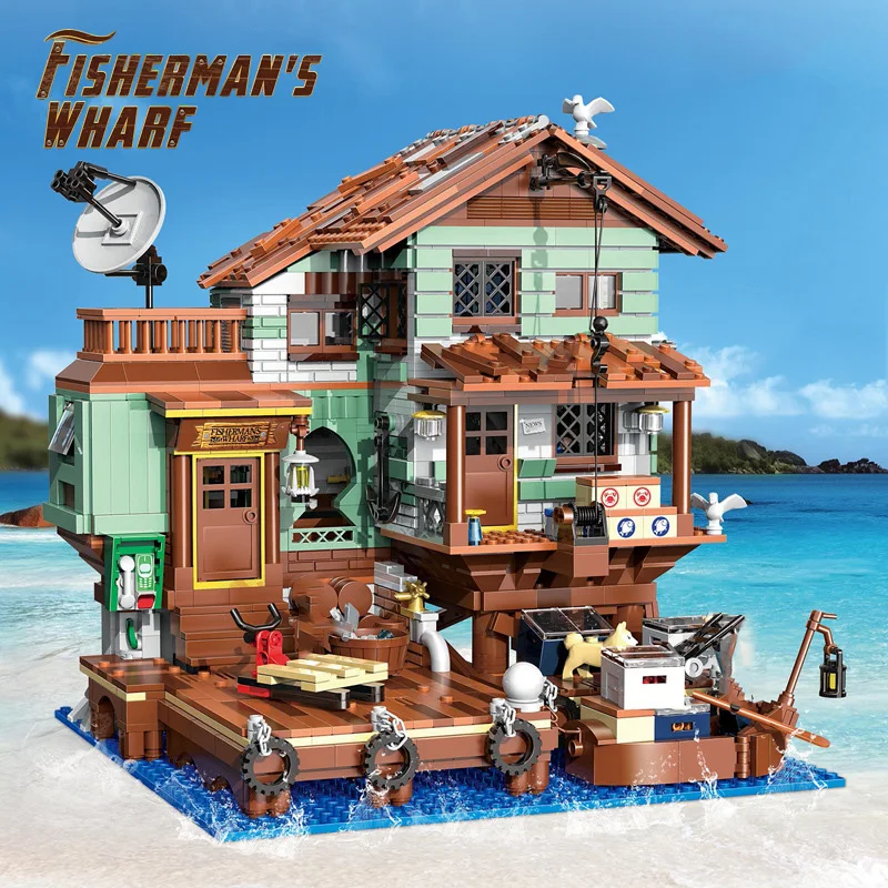 

Creative Fisherman's Cabin Wharf Model Village Building Blocks Street View Old Fishing Shop Hut With Figures For Kid Bricks Toy