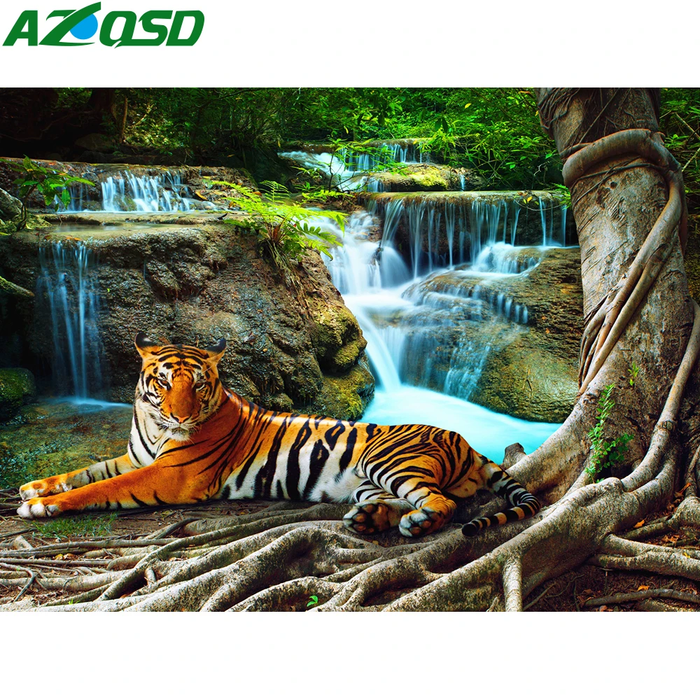 

AZQSD Diamond Painting Tiger Full Square 5D Diamond Embroidery Animal Cross Stitch Mosaic Waterfall Forest Home Decor