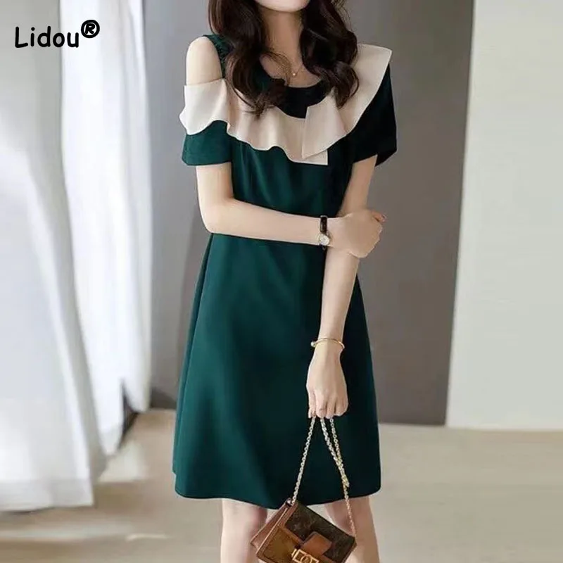 

Fashion Female Ruffles Spliced Elegant Off Shoulder Dress Commute Casual Contrasting Colors Dresses Summer Women's Clothing