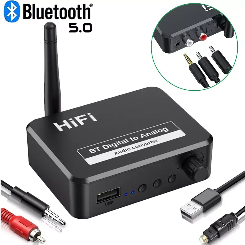 

Digital to Analog Audio DAC Converter Adapter Digital SPDIF Optical Toslink to 3.5mm 3.5 AUX Jack RCA L/R Bluetooth 5.0 Receiver