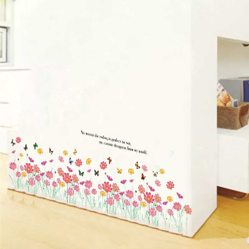 

NEW2022 Baseboard 3D Pink Small flowers Wall Stickers waterproof Removable Art PVC Living room Bedroom Mural Decal home decor s