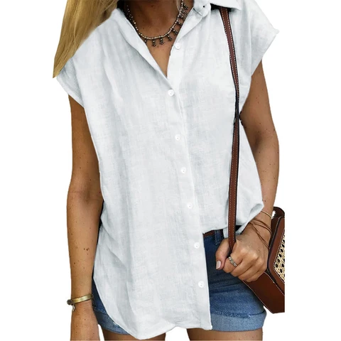 Leisure Cotton Linen White Shirts Button Lapel Cardigan Top Lady Loose Short Sleeve Shirt Womens Blouses Summer Blusas Mujer