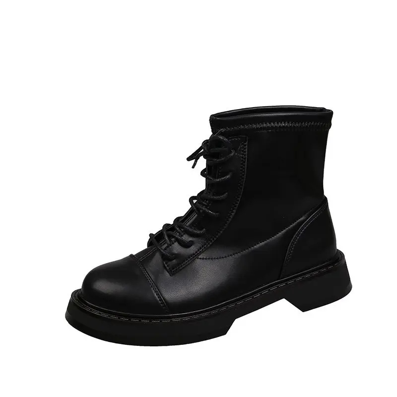 

2021 Autumn Winter New Motorcycle Boots Women's Short Boots British Style Square Heel Lace Up Boots Leather Pacthwork Shoe