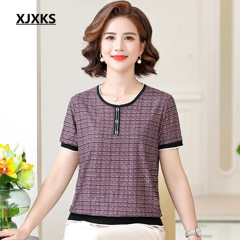 

XJXKS, Новинка лета 2022, топ с круглым вырезом и коротким рукавом, свободная удобная повседневная женская футболка большого размера