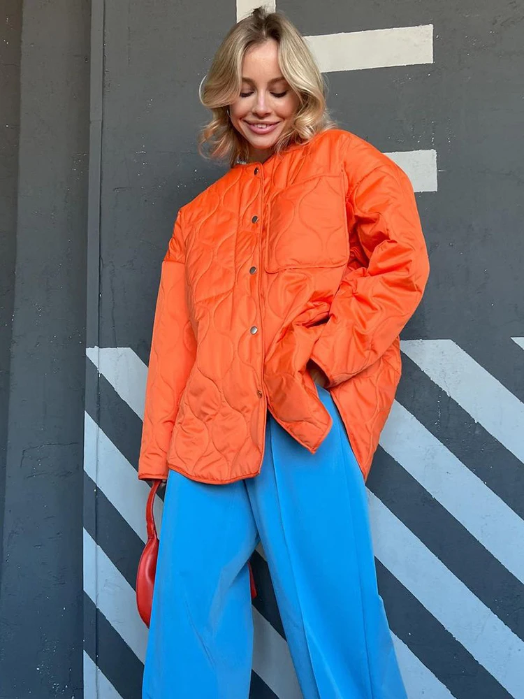 Women Autumn Winter Quilted Jacket Chic Button Loose Long Coat Elegant Green Outerwear Fashion Warm Streetwear Female 2022