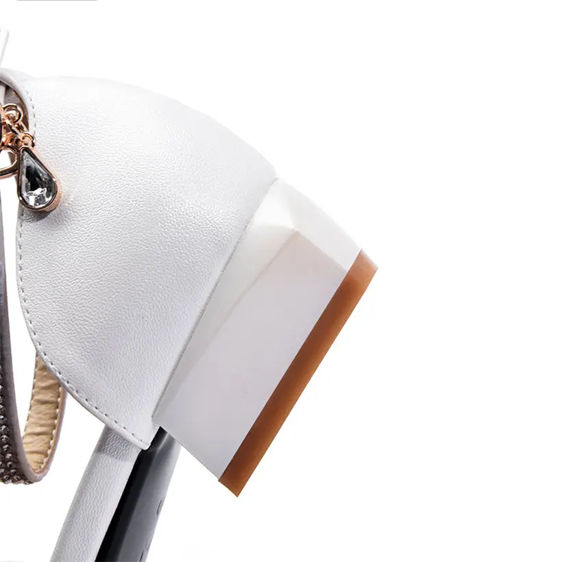 White Summer Women Pumps Low Square Block Heel PU Leather Pointed Toe D'Orsay Pink Wedding Office Crystal Ankle Strap Lady Shoes