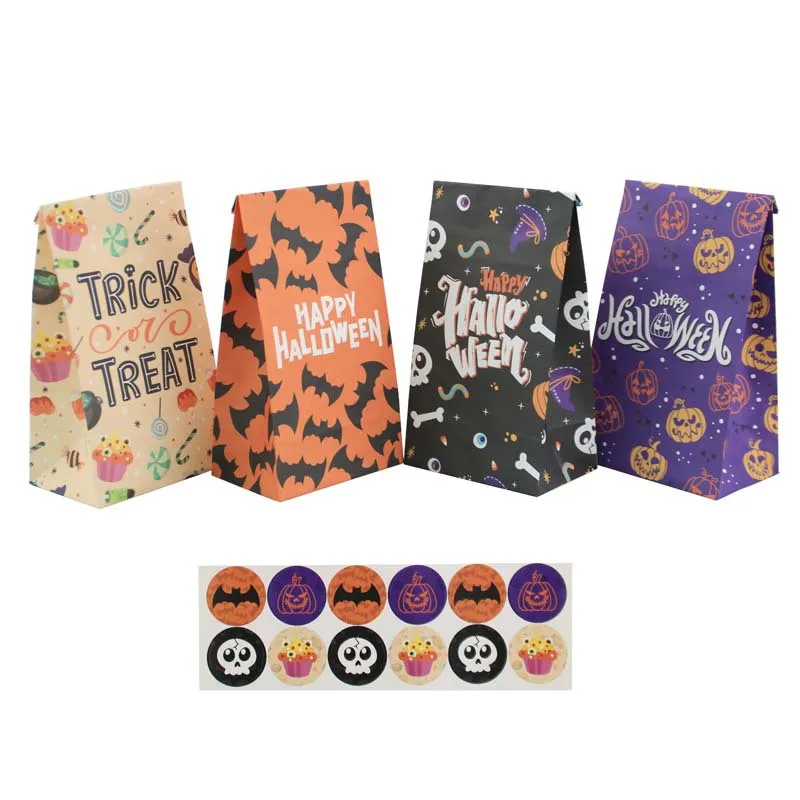 

12/24Pcs Kraft Paper Happy Halloween Food Gift Bag Square Base Favor Candy Anti-grease Packaging Bags Halloween Party Decoration