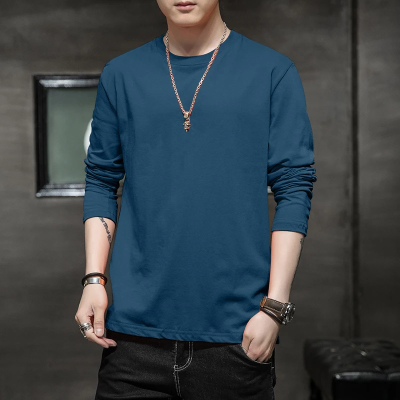 

Футболка мужская с длинным рукавом, 100% хлопок, круглый вырез, Удобная Повседневная рубашка, однотонный Повседневный пуловер, уличная одежда в стиле Харадзюку