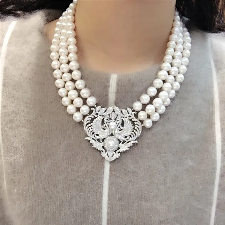 Hand knotted 3rows natural 8-9mm white freshwater pearl micro inlay zircon accessories necklace fashion jewelry