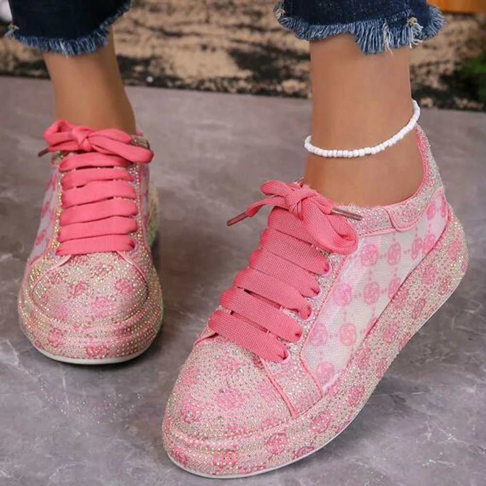 

Women's Diamond-studded Floral Pattern Lace-up Outdoor Casual Sports Shoes, Breathable