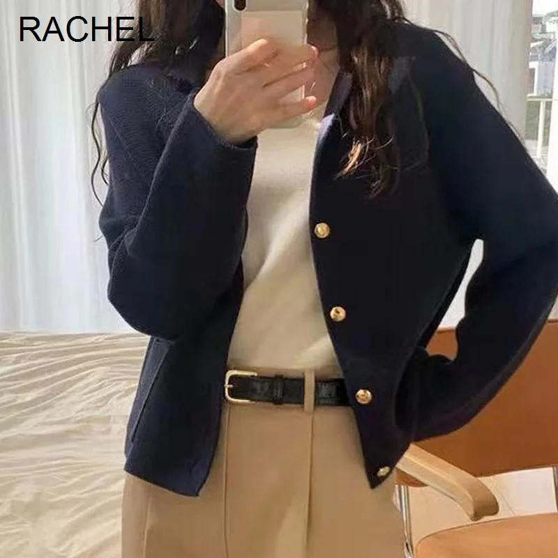 

Корейский вязаный кардиган осень-зима элегантный темпераментный костюм с воротником Повседневный короткий вязаный кардиган с металлическ...