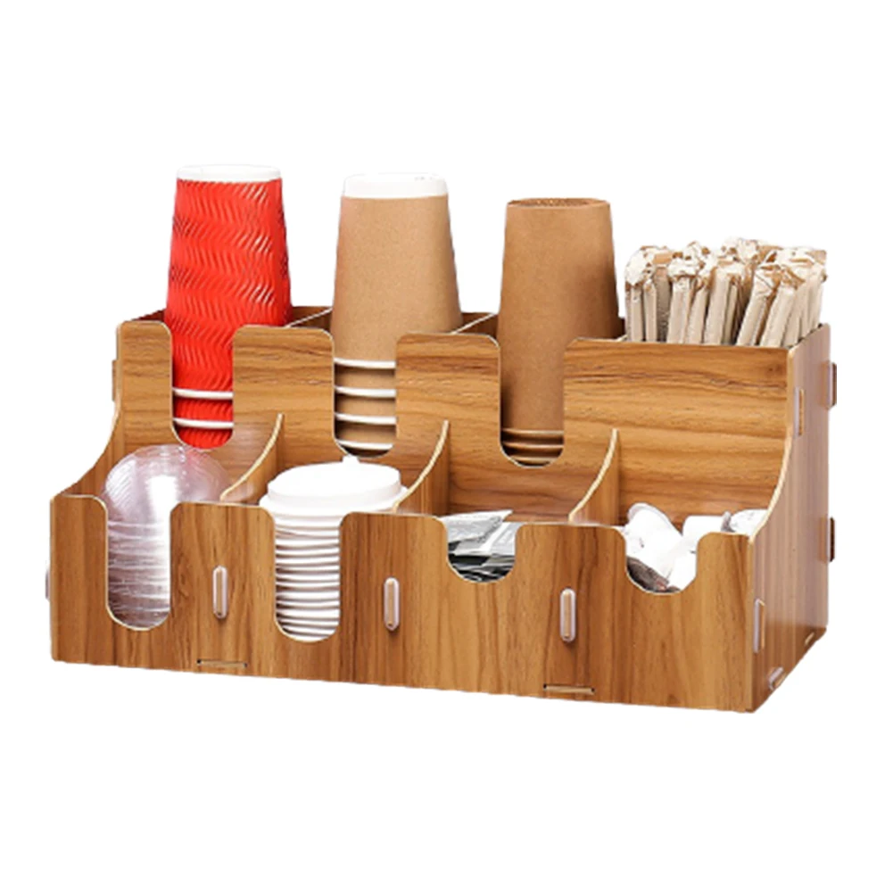 

Disposable Cup Breakroom Holder Tabletop Bamboo Home Drink Shop Condiment Organizer Accessories Storage Rack 8 Compartments Bar