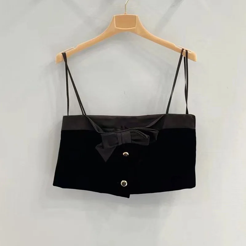 

Fashion Velvet Black Camisole Women 23 Spring Runway Bow Single Breasted Crop Tops Vintage Solid Female Sexy Elegant Tanks Camis