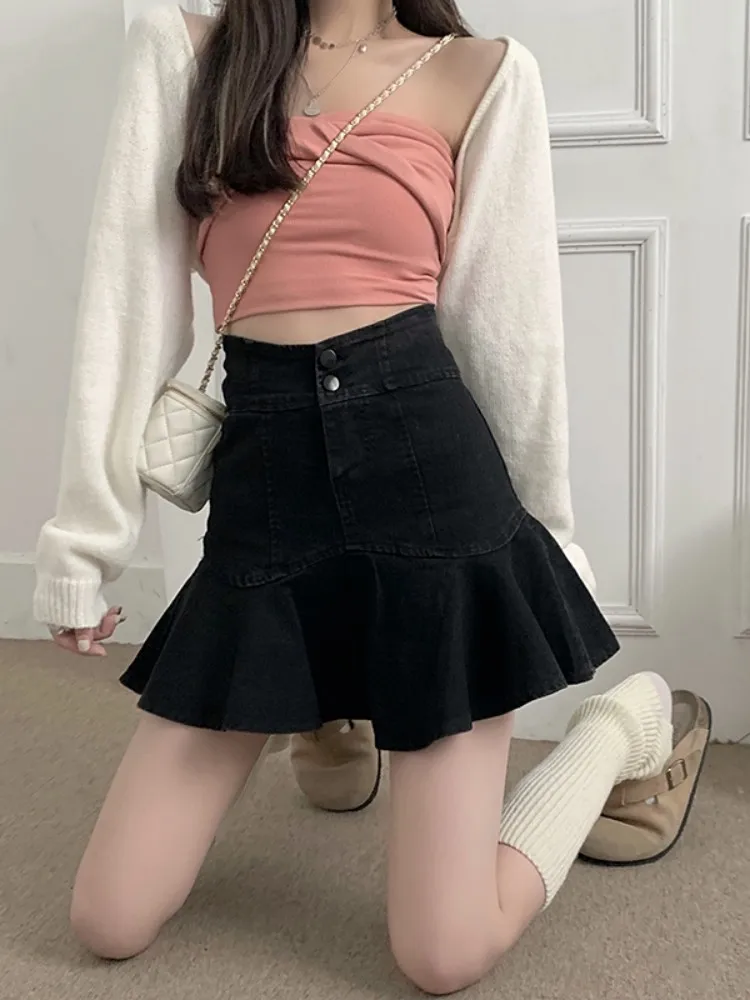 

Женская джинсовая юбка А-силуэта, летняя винтажная юбка в стиле преппи с оборками и высокой талией, модель L8827 2023 года