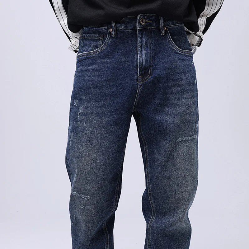 Men Clothing Autumn and Winter Straight Loose Cylinder Jeans Vintage Chaopai Elastic Force Comfortable Blue Harun Trousers Women