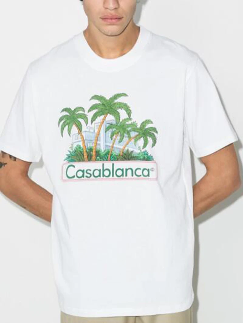 

Футболка Мужская/женская с принтом кокосового дерева, модный Свободный Топ с коротким рукавом, Повседневная рубашка с логотипом Касабланки, цвет черный/белый, лето 1:1