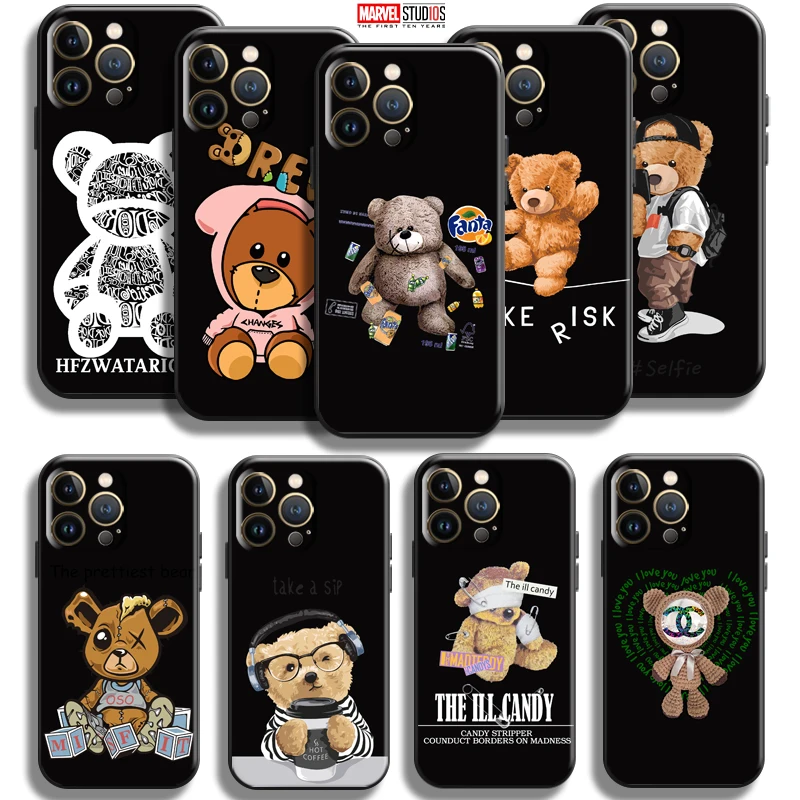 

Cute Bear Luxury For Apple iPhone 13 12 11 Pro Max Mini X XR XS Max SE 5 5s 6 6S 7 8 Plus Phone Case Black Funda Soft Back