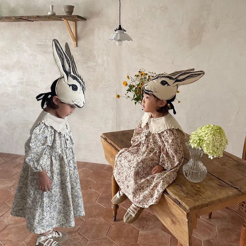 

2022 Autumn New Sweet Retro Floral Baby Girl Dress Toddler Girls Loose Comfortable Cotton Sailor Collar Long Sleeves Dresses