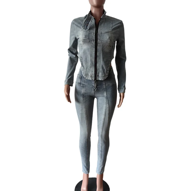 Элегантный модный джинсовый женский комплект куртка с длинными рукавами и
