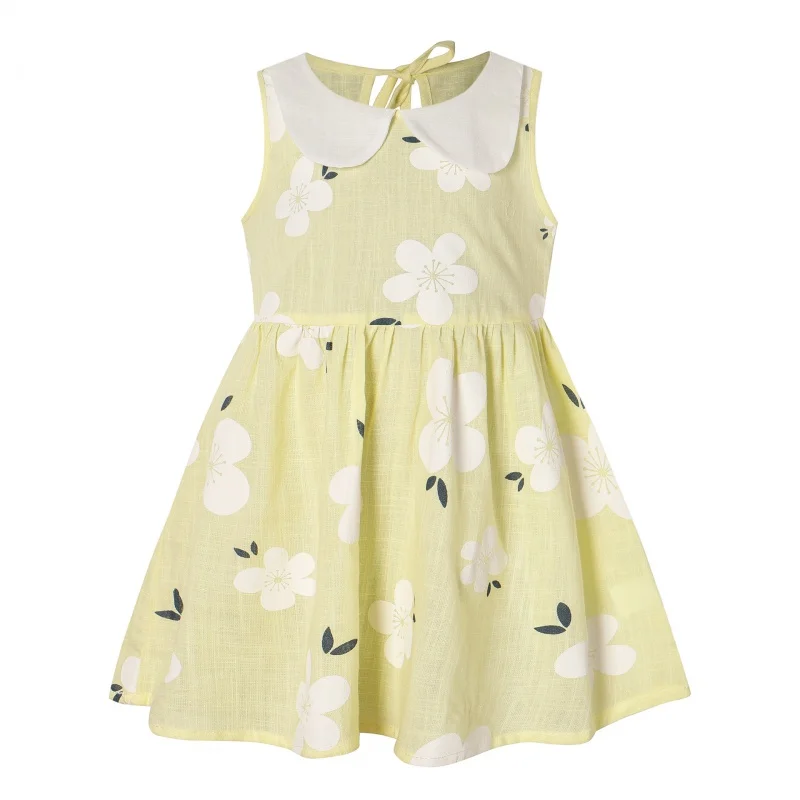 

2022 summer new girls' printed sleeveless doll neck dress cotton linen vest skirt children's princess skirt
