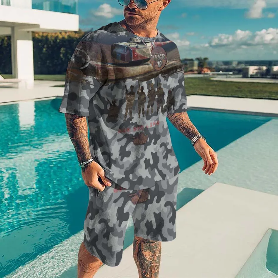 Men's clothing Camouflage Printed Men's 2 Piece Sportswear Short Sleeve T-shirt Set Summer Sportswear Loose Oversized Tracksuit