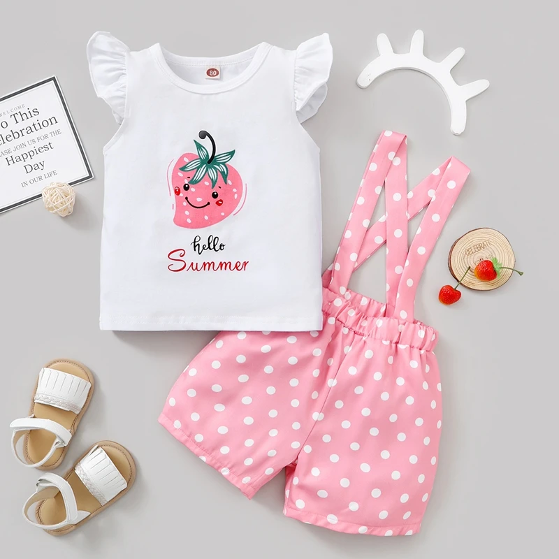 

2 шт., детский хлопковый топ с рукавом-мухой и шорты в горошек