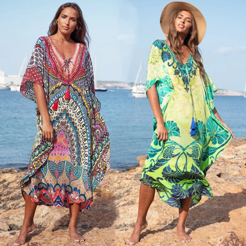 

2022 Kaftan Bohemian Printed Summer Dress Long Tunic Women Beach Wear Swim Suit Cover Up Robe de plage Ropa mujer Clothes