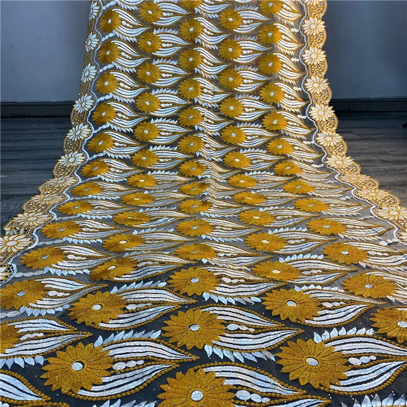 

High Quality 5 Yards African George Lace Fabric with gold wire Stones frenc lace Embroidered George Lace Fabric For the wedding