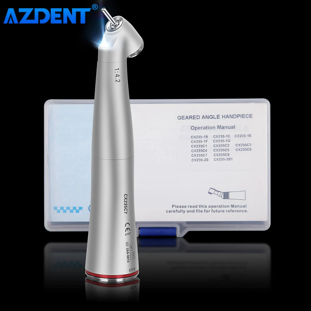 

AZDENT Dental 45° LED Fiber Optic 1:4.2 Increasing Contra Angle Low Speed Handpiece Electric Push Button 4 Way Spray Dentistry