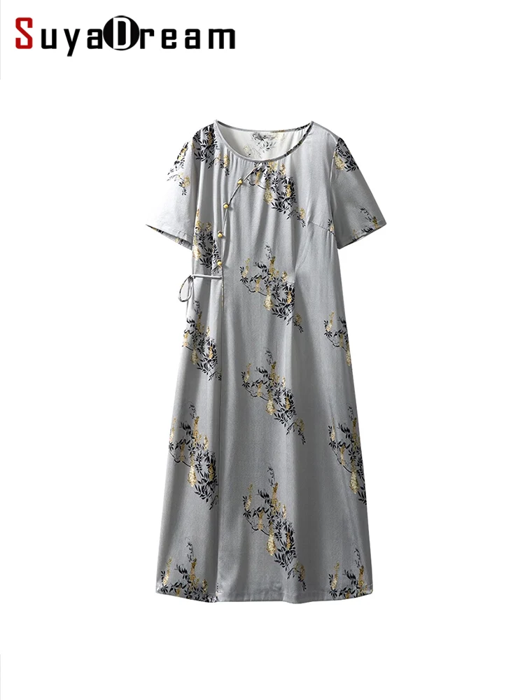 SuyaDream Floral Dresses For Woman 90%Real Silk 10%Spandex Vintage Chinese Style Dress 2023 Spring Summer Elegant Clothes Grey