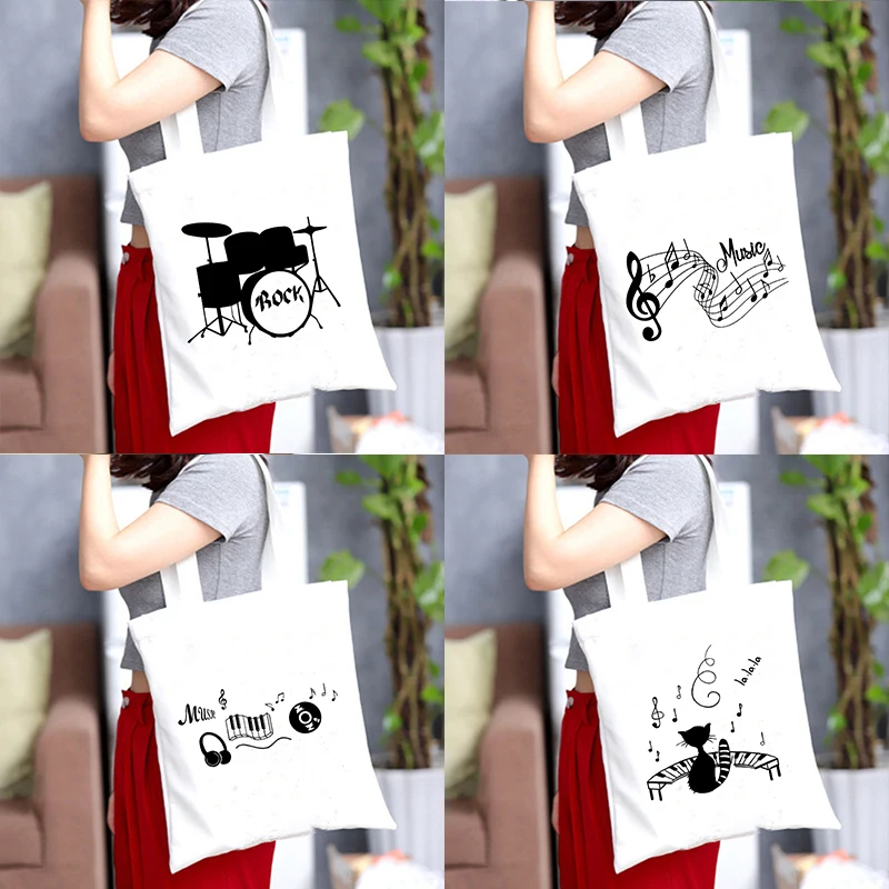 

Women Shopping Tote Bag Musical Instrument Printing White Canvas Bag Eco Reusable Fashion Eco Female Shopper Harajuku Book Bags