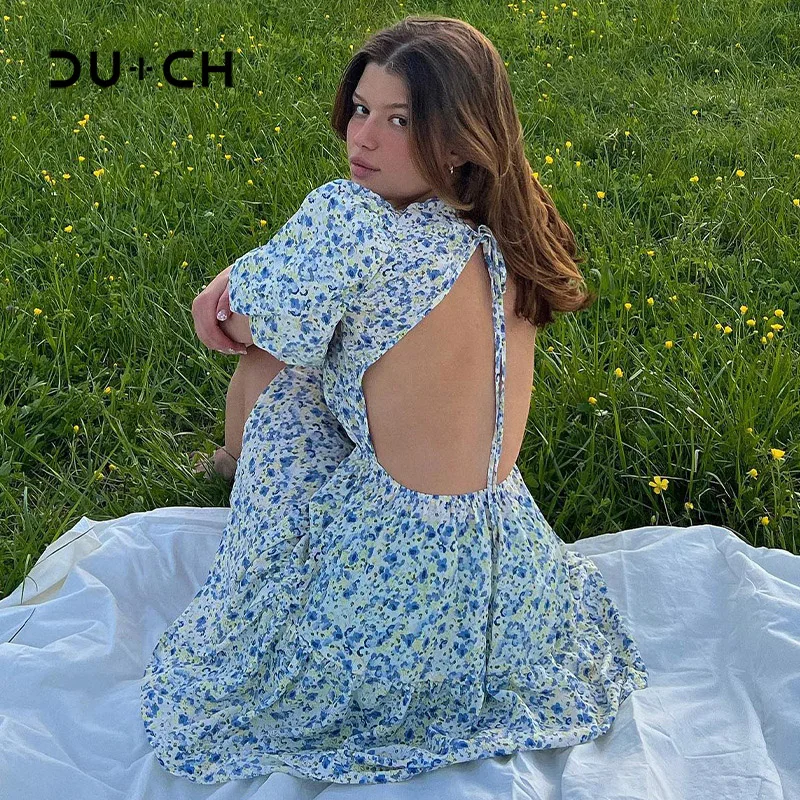 

CU-CH Women Dresses Summer 2022 Sexy O-Neck Floral Print Boho Beach Dress Ruffle Short Sleeve A Line Mini Backless Dress