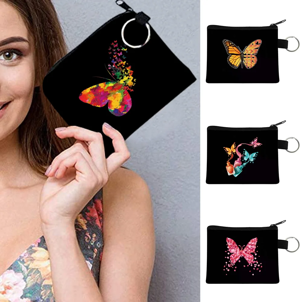 

2022 Wallet Women Key Bag Card Holder Coin Purse Clutch Handbag Earphone Storage Pack Butterfly Print Mini Canvas Makeup Bags