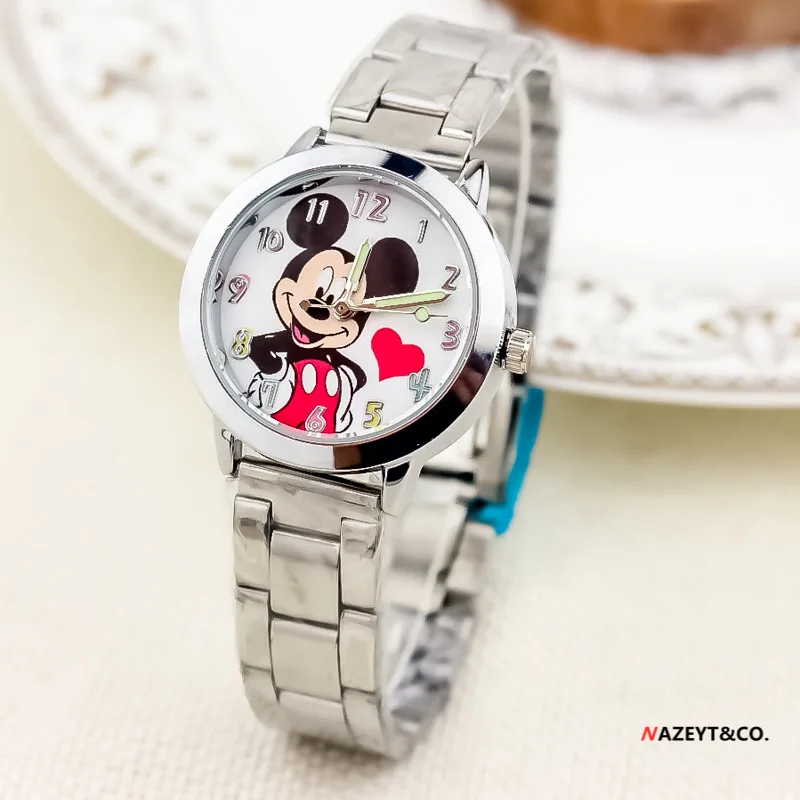 Фото Детские часы Disney с Микки и Минни, часы с персонажами мультфильмов и аниме, светящиеся кварцевые часы с указателем Микки Мауса, стальной ремешок, подарки для детей №1