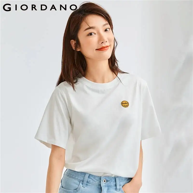 

GIORDANO Women T-Shirts Smile Embroidery Cotton Fashion Tee Summer Short Sleeve Solid Color Crewneck Casual Tshirts 05323392
