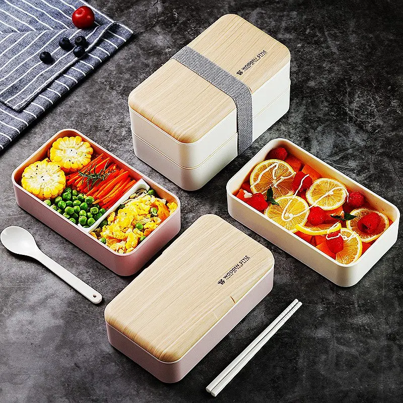 

Microwave Double Layer Lunch Box 1200ml Wooden Feeling Salad Bento Box BPA Free Portable Container Child Box Workers Student