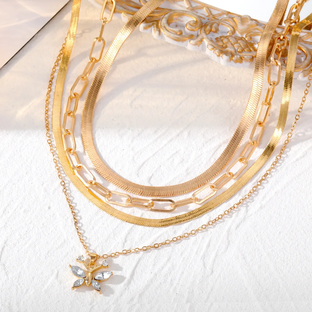 

New Multilayer Necklace for Women Vintage Gold Color Crystal Butterfly Pendant Necklace Set