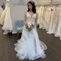 classic white wedding dresses appliques sexy slit vestidos de novia simple tulle spaghetti strap woman luxury robe de mariee