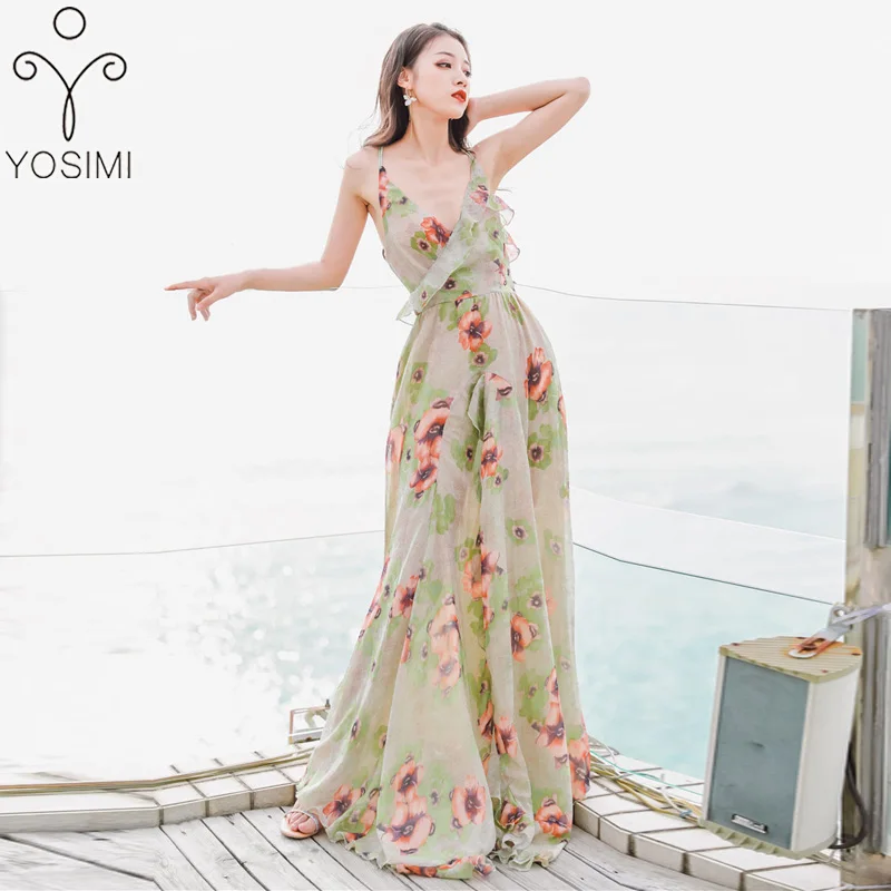 

YOSIMI 2022 Summer Sexy Dress Maxi Chiffon Print Long Women Dress Backless Strap Bohe Beach Dress V-neck Sleeveless Party Dress
