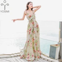 yosimi 2022 summer sexy dress maxi chiffon print long women dress backless strap bohe beach dress v neck sleeveless party dress