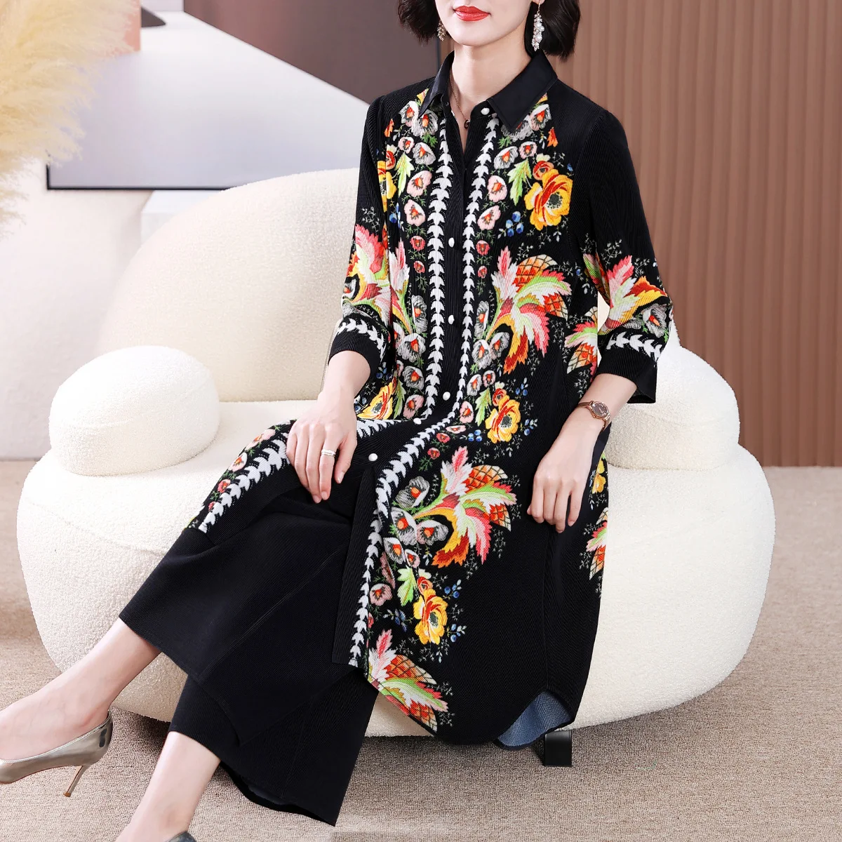 

Miyake Middle-Aged and Elderly Women Retro Casual Pleated Suit Women's New Mom Summer Clothes Stylish Loose plus Size Two-Piece