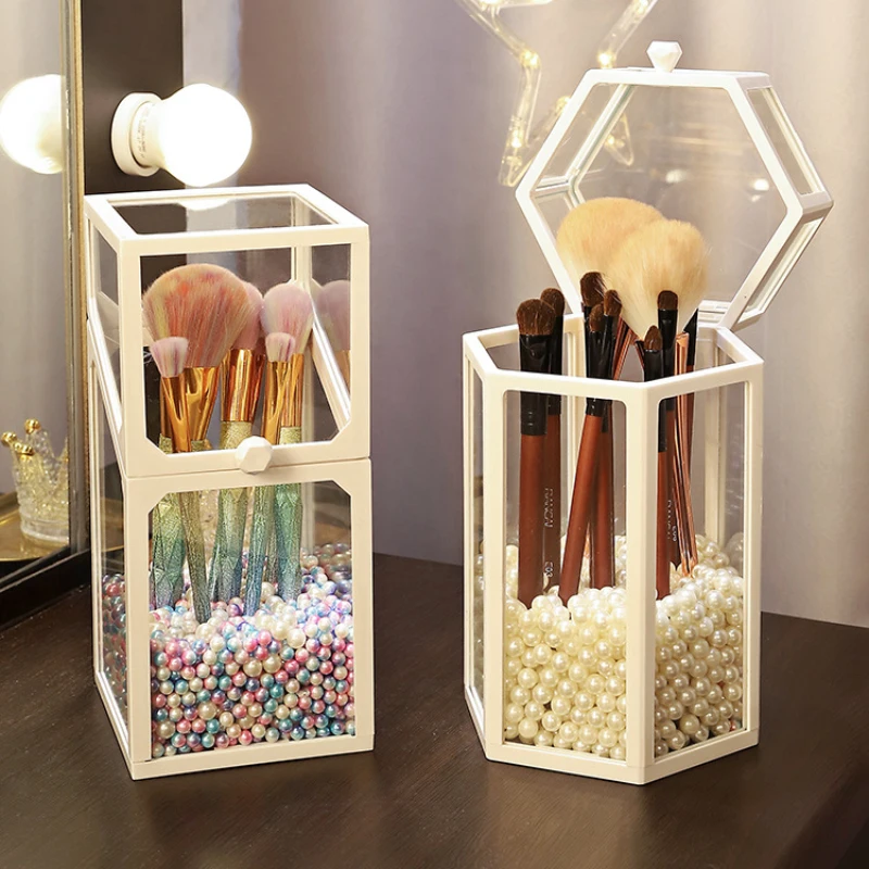 

Transparent Glass Cosmetic Brush Storage Box With Pearl Large Capacity Make Up Organizer For Bathroom Dresser Storage Container